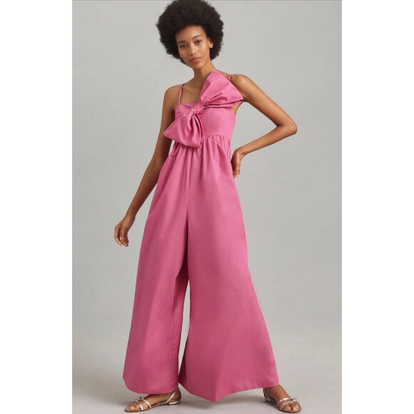 Anthropologie Hutch Jumpsuit Pink Poplin Bow Preppy Boho Retro Vacay Large NWT